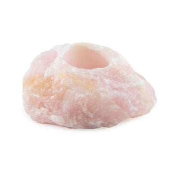 Rose Quartz Candle Holder, front view showing raw pink stone with tealight cavity.